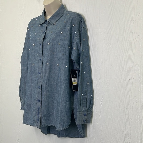 Karl Lagerfeld - NWT Imitation Pearl Blue Wash Button Down Denim Shirt Medium - Picture 8 of 16